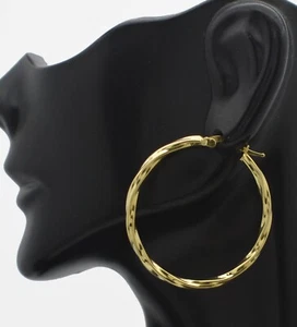 14K Yellow Gold Clad 925 Silver 2mmx35mm Twisted Large Hoop Earrings - Picture 1 of 7