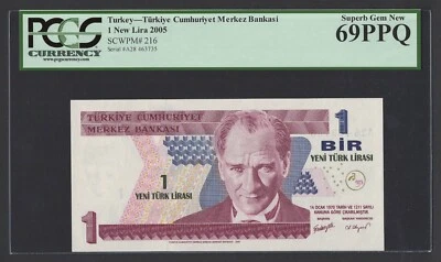 Turkey One New Lira 2005 P216 Uncirculated Graded 69 - Image 1 of 2