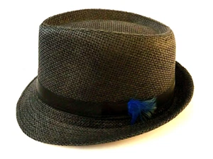 Men's 100% Paper Straw Fedora, Black, Hat Size 22.5", Black Band & Blue Feather - Picture 1 of 6