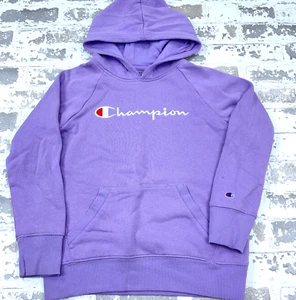 Champion Hoodie Girls Medium Purple White Sweatshirt Sweater Spell Out Youth A15 - Picture 1 of 9