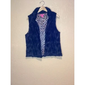 Betsey Johnson Black Faux Fur Vest with satin Leopard Print Lining Size Medium - Picture 1 of 5