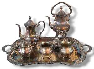 Antique 7pc Victorian Sheridan Silver Butler Tray Coffee Serving Set - Picture 1 of 9