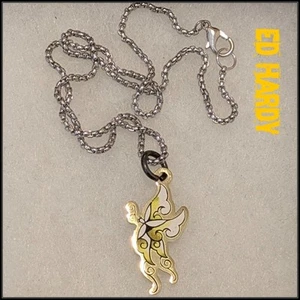 ED HARDY Collar Colgante Mariposa Oro Plata Acero Inoxidable Cadena Dos Tonos - Imagen 1 de 3