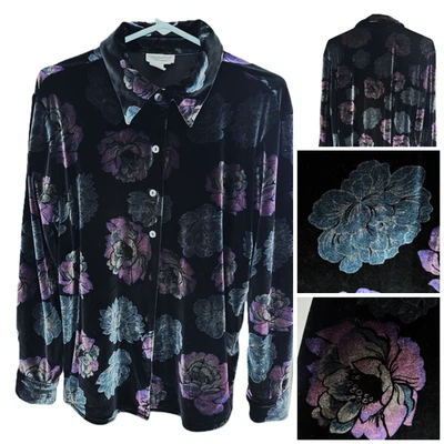 Camisa Y2k Coldwater Creek Velvet Burnout PL Botão Preto Floral Whimsigoth Fairy - Imagem 1 de 4