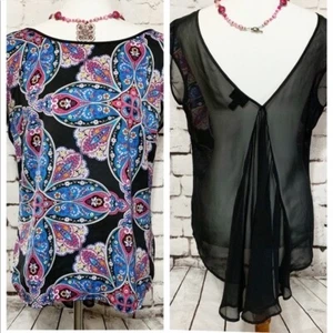 Nicole Miller Hi-Lo Paisley Print Top Sheer V Back Edel Shirt Bluse Damen M - Bild 1 von 9