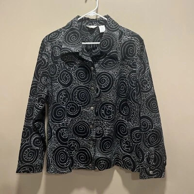 Laura Ashley Women's Black Jacket Embroidered White Spirals 1X Artsy Unique Rare — 第 1/4 张图片