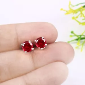 Flawless Mozambique Red Ruby Round 6 MM Gemstone Earrings 925 Silver Handmade - Picture 1 of 3