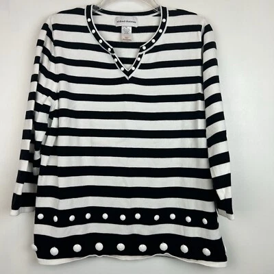 Suéter Alfred Dunner Mujer M Negro Blanco Adornado 3/4 Pullover Rayas Foto 1 de 4