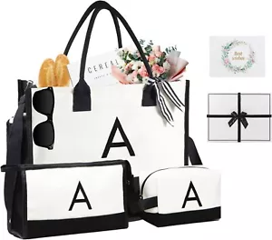 Initial Canvas Beach Bag & Makeup Bag Set, Monogrammed Gift Tote for Women (A) - Picture 1 of 7