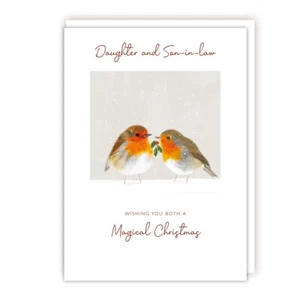 Tarjeta de Navidad hija y yerno petirrojos - Linda y elegante tarjeta festiva de Navidad - Imagen 1 de 2