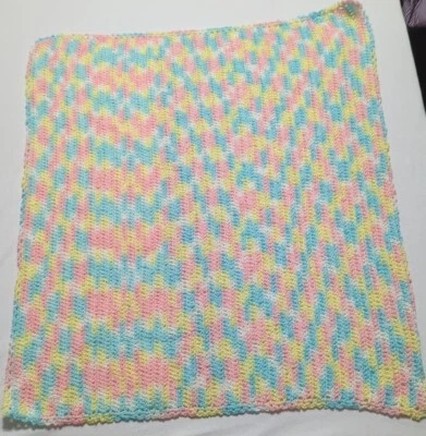 Handmade Crochet Baby Blanket Pink, Yellow, And Blue 26x31 - Image 1 of 4