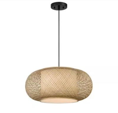 Colgante Linnea de diseño fuentes 60 vatios 1 luz negro con pantalla de caña manchada Foto 1 de 4