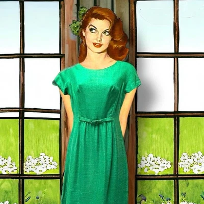 Vestido MIDI Vintage Verde Anos 60 Mod Retrô com Cinto Feito em União Tamanho Pequeno - Imagem 1 de 4