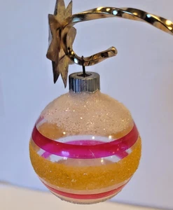 Shiny Brite Unsilvered Frosted Red Yellow White Mica Striped 2" Glass Ornament - Picture 1 of 5