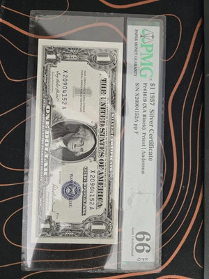 1957 $1 SILVER CERTIFICATE FR. 1619 PMG 66 GEM UNC (XA BLOCK) GEM NOTE CRISP! - Image 1 of 2