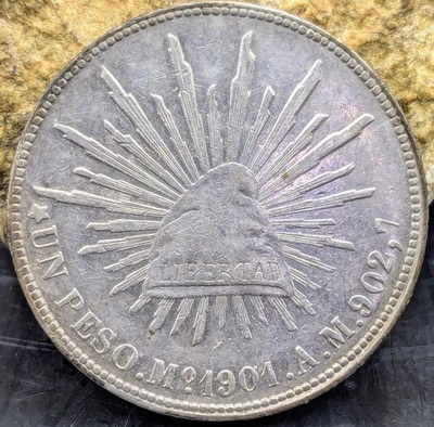 1901 Lun AM México - Gorra y Rayos de 1 Peso - Plata - KM409.2 - AU Sobre Sin Circular Foto 1 de 3