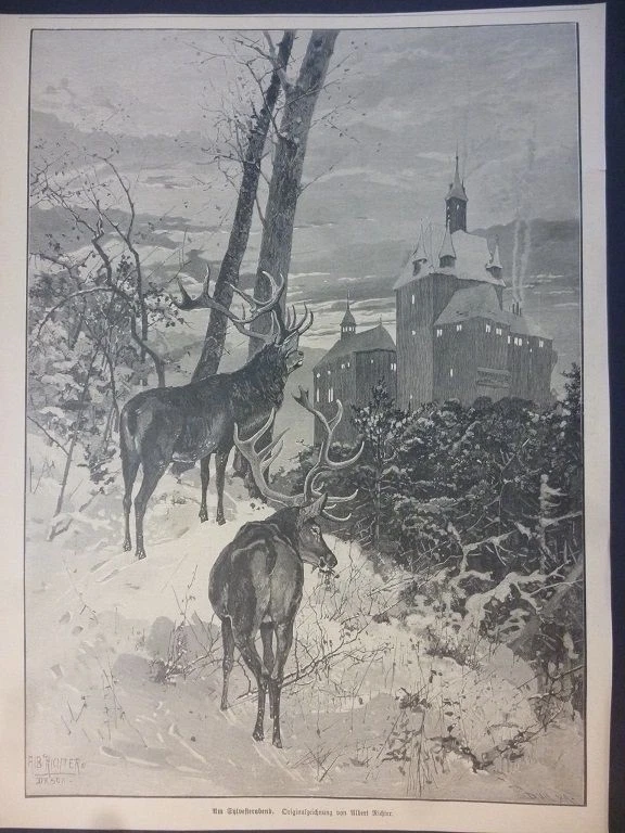 Orig. Holzstich: Am Silvesterabend - Hirsche - Originalzeichnung von Albert Rich - Bild 1 von 1