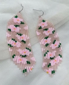 Tribal Earrings Native Large Boho American Seed Beads Handmade Earring - Picture 1 of 8