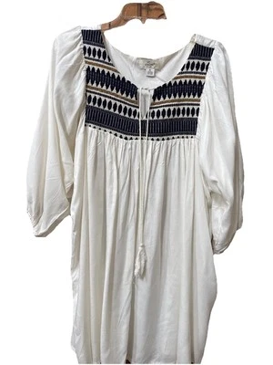 Exist Dress 奶油色连衣裙 尺寸 XL 阿兹特克刺绣长袖流畅波西米亚农民 — 第 1/4 张图片