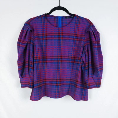 Zara Plaid Blouse Womens XL Puff Sleeve Grunge Punk Structured Retro Maximalist - Image 1 of 4