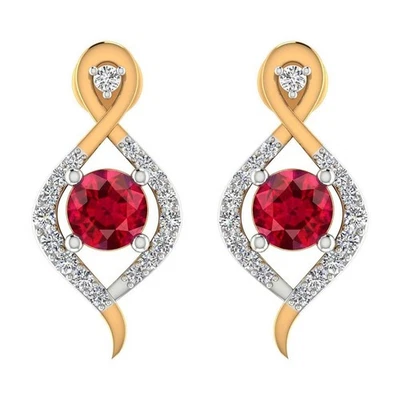 Natural Ruby and Diamonds Gemstone Drop Dangle Earrings 14k Yellow Gold k791 - Image 1 of 4