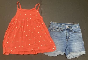 Girl's Old Navy Outfit Size 8 - Orange Starred Tank w/Jean Shorts EUC - Picture 1 of 7