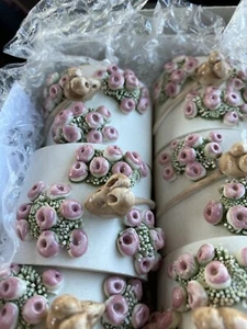 6 Studio Pottery Napkin Rings. Mouse And Flower Detail. White - Picture 1 of 7