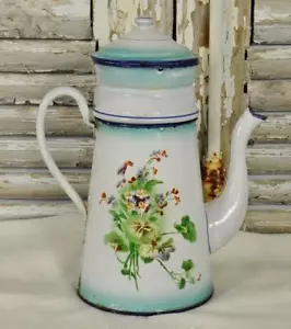 Bellissima antica caffettiera/caffettiera smaltata francese con vignette floreali - Foto 1 di 12