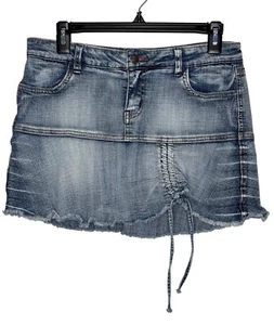 Vintage Y2K geraffter Jeans Denim Micro Minirock roher Rand Größe 9/10 Festival Skater - Bild 1 von 11