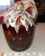 Vintage glazed Pottery jug, handled, brown, White, big,primitive,farm house,used