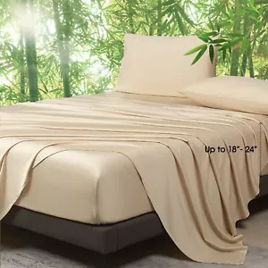 100% Viscose From Bamboo Sheets Queen Size 1824 Inch Extra Deep Pocket Beige Que - Picture 1 of 9