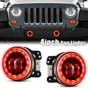 Pair 4'' Round LED Fog Lights Red Halo Ring DRL for Jeep Wrangler JK JL TJ Dodge - Picture 1 of 10