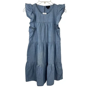 J. Crew Factory NEW READ Blue Chambray Cotton Layer Dress Ruffle Sleeve Mini 2P - Picture 1 of 11