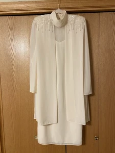 Vintage 1990er Creme Chiffon Etuikleid Perlen Ursula of Switzerland Gr. 10 - Bild 1 von 8