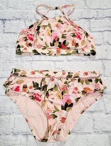 Antonio Melani High Neck Floral Eyelet Ruffle Bikini Top Pink sz Medium Swimsuit - Picture 1 of 15