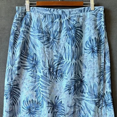 Falda envolvente de lino Jones New York estampado de hojas azules midi larga para mujer talla 14 Foto 1 de 4