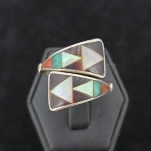 Vintage Zuni Sterling Bypass Ring 11 Geometric Triangle Inlay Signed ZME Native - Picture 1 of 12