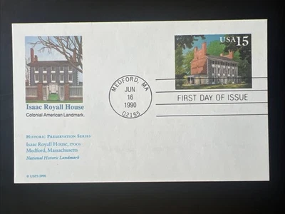 Isaac Royall House 15c Postcard 1st Day Issue Fleetwood 1990 - Image 1 of 2