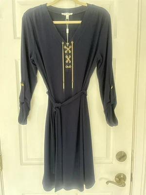 Spense темно-синий шнурует вверх золотая цепочка, надежном талии. Roll вкладка рукав платье женщин Sz 12  - Изображение 1 из 4