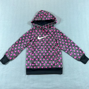 Nike Hoodie Girls Size 6 Black Pink Polkadot Therma Fit Sweatshirt Youth - Picture 1 of 13