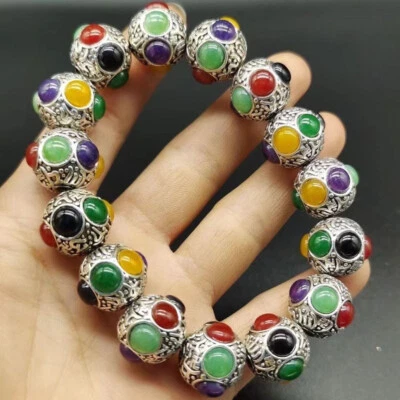 Antiguo Brazalete de Plata Tíbet Tallado Flor Incrustaciones Rojo Verde Negro Jade Plata Foto 1 de 4