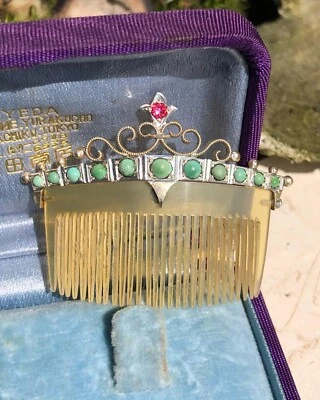 Vintage Gilt Silver Women's Jewelry Hair Comb Crown Natural Turquoise Ruby Stone Foto 1 de 4