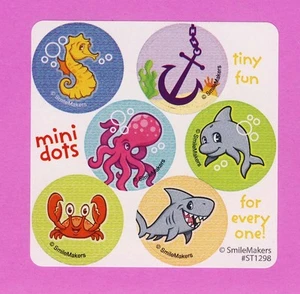 90 Sea Life Pals Mini Dot Stickers - Seahorse, Anchor, Dolphin, Shark, Crab - Foto 1 di 1