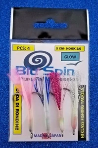 BLUSPIN PREDATOR CODA DI RONDINE 4 AMI 2/0 CON PIUMETTE E SILICONE SIZE 5cm GLOW - Foto 1 di 2