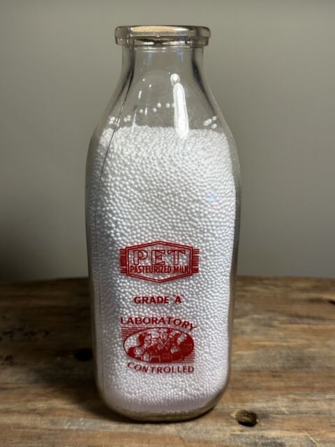 Small Milk Bottle Retro Glass Vintage Red Graphics Bishops Farms 1/3 Qt 