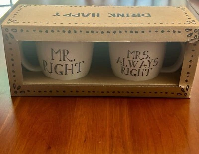 Juego de 2 Mr. Right & Mrs. Taza de café blanca Always Right 12 oz de Drink Happy Foto 1 de 4