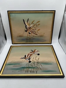 Vintage japanische Seide handgestickt Bild Enten gerahmt Wandkunst 2 Stck. 17x13 - Bild 1 von 13