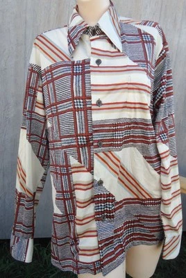 NUEVO DE COLECCIÓN AÑOS 70 Crema Óxido Negro Dorado Cuello Grande Abstracto L NYLON Camisa Disco SIN USAR Foto 1 de 4