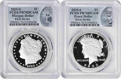 2025-S Morgan and Peace Silver Dollar 2-Coin Set PR70DCAM FS PCGS Special Label - Image 1 of 2