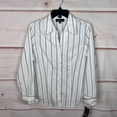 Jones New York Top Womens 8 Black Striped Shirt Button Up No Iron Collar Cotton - Image 1 of 4